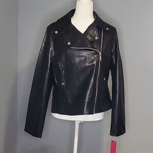 Vince Camuto Black Vegan Leather Moto Jacket with Silvertone Hardware-Size M